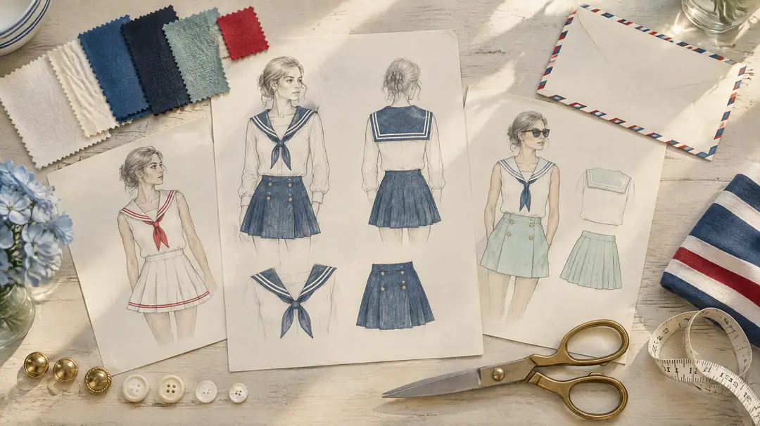 A design table with sailor-collar sketches, fabric swatches in chalk, harbour blue, ink and red, and a row of buttons