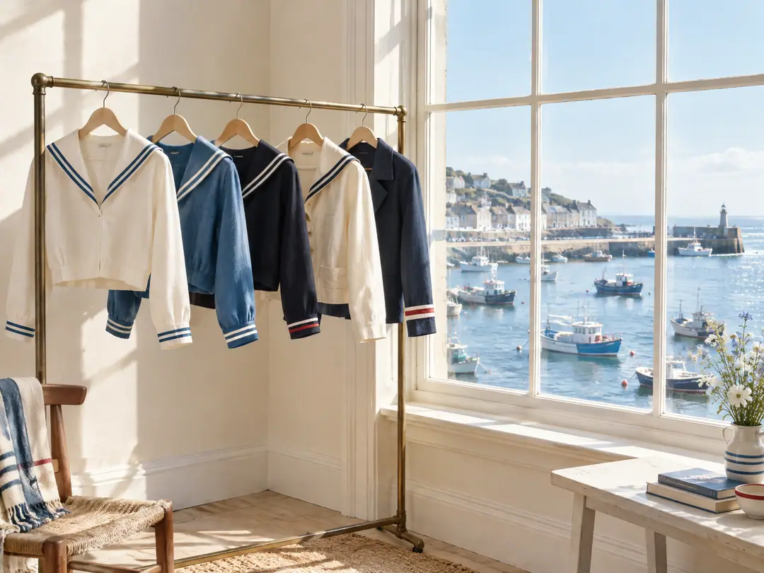 A bright room by a harbour window with a rail of sailor-collar tops and cropped jackets