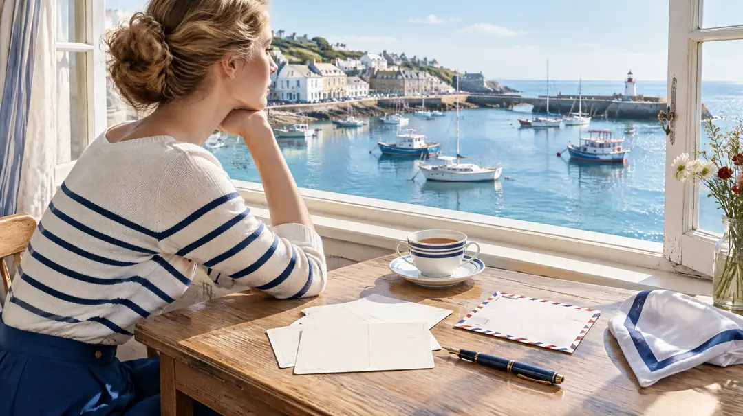 A writing desk by a harbour window with blank postcards, a pen and an airmail envelope