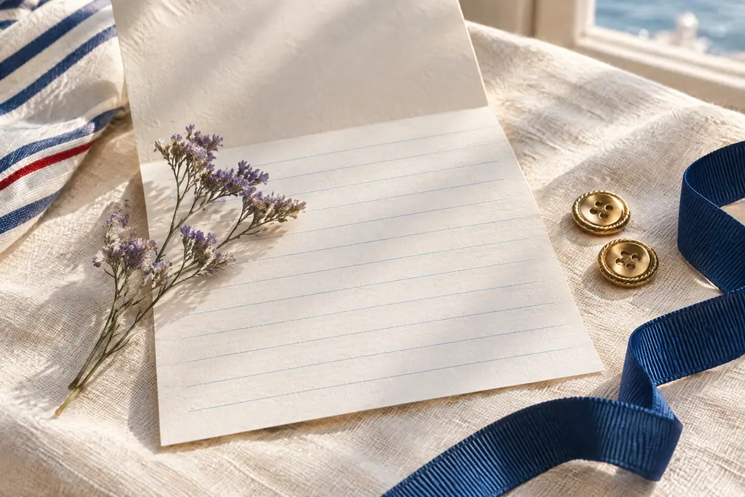 Blank letter paper with a sprig of sea lavender, two buttons and a strip of blue ribbon