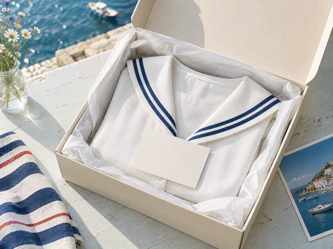 A folded sailor-collar top in white tissue paper inside an open box