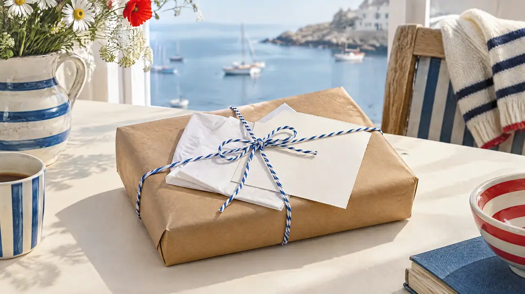 A parcel wrapped in kraft paper and tied with blue and white twine