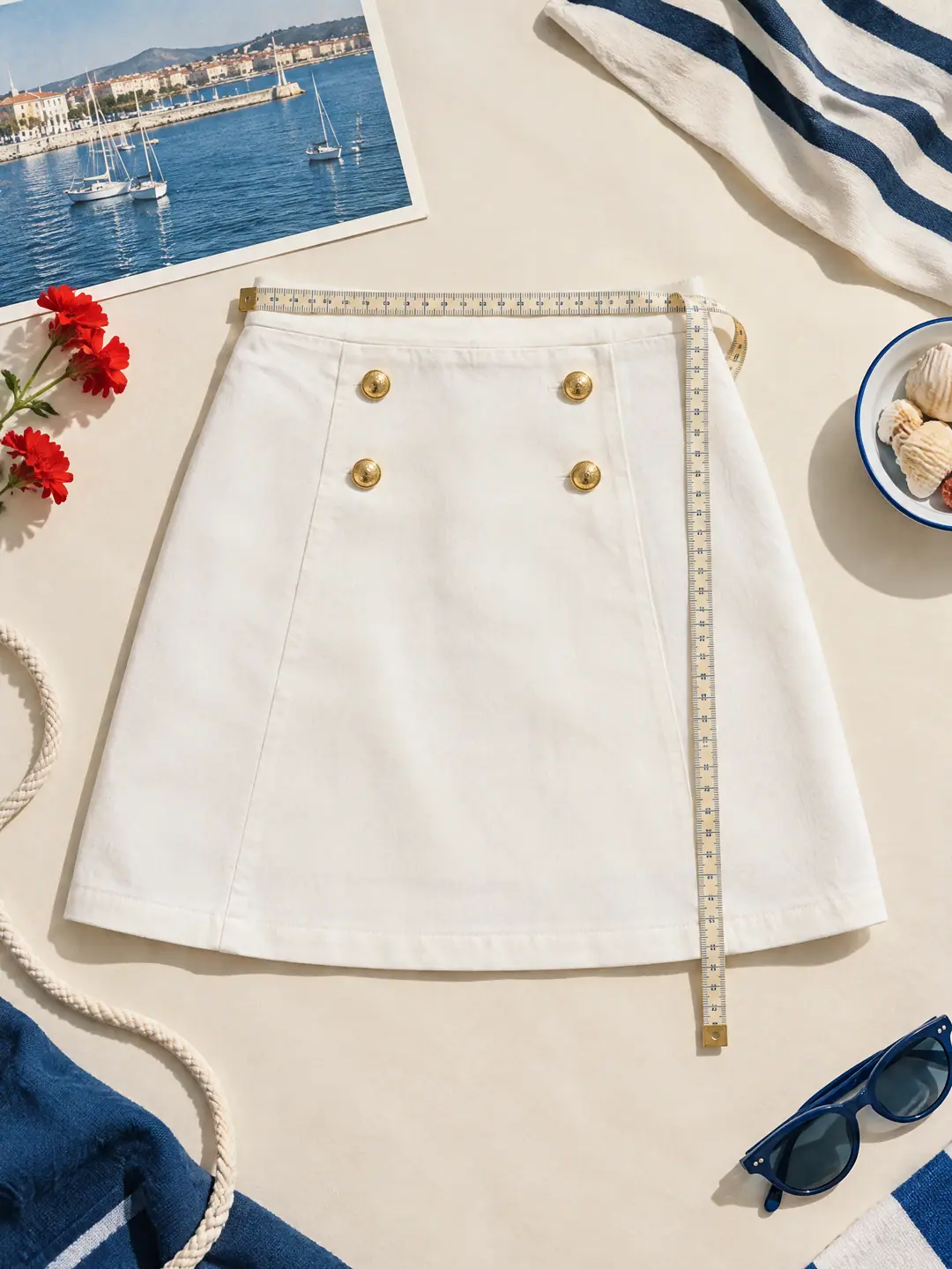 A chalk mini skirt laid flat with a soft tape measure across the waist