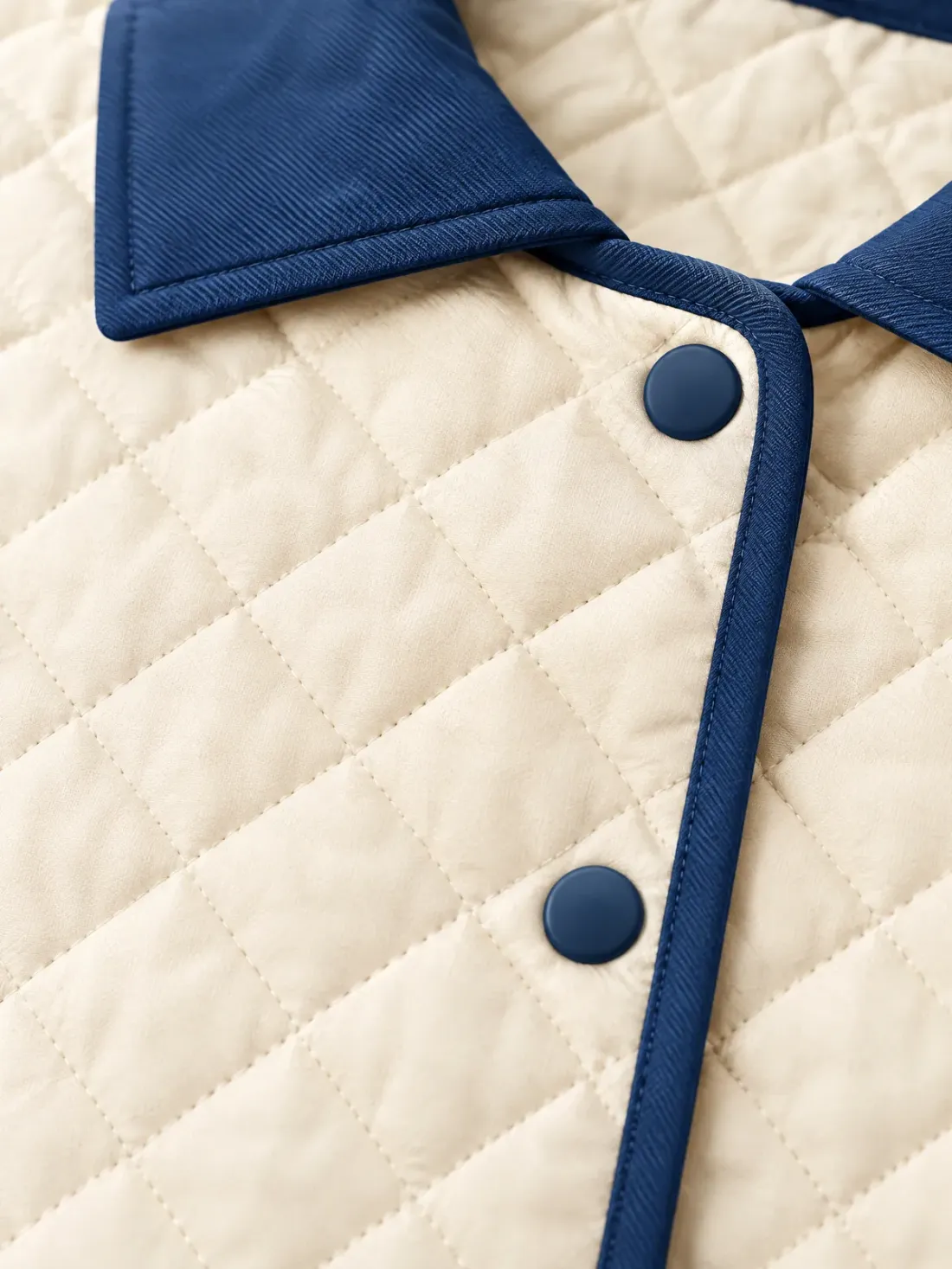 Beacon Quilted Collar Jacket, close-up of the diamond quilting and harbour-blue edge binding