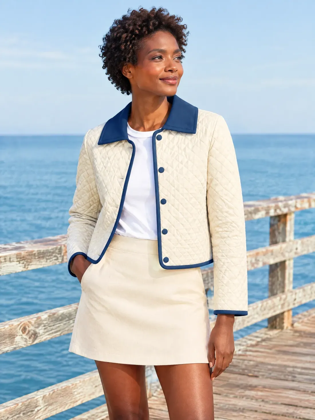 Beacon Quilted Collar Jacket in Ecru / Harbour Blue, styled on a model