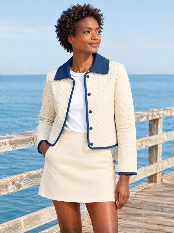 Beacon Quilted Collar Jacket in Ecru / Harbour Blue, styled on a model