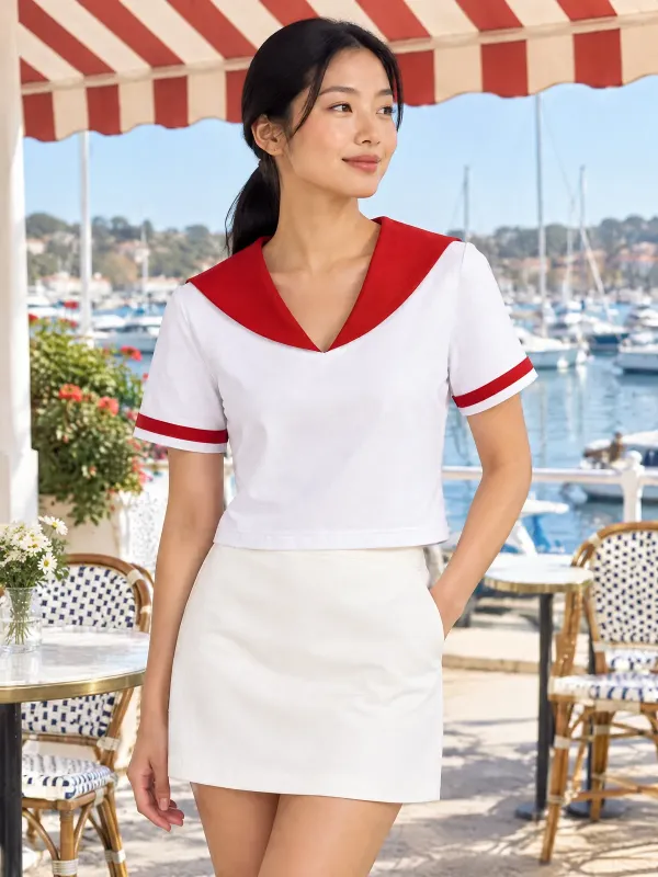 Beacon Red Collar Tee in White / Signal Red, styled on a model