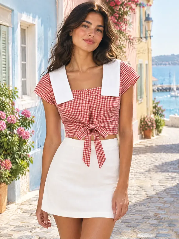 Cabin Gingham Sailor Top in Red Gingham / White, styled on a model