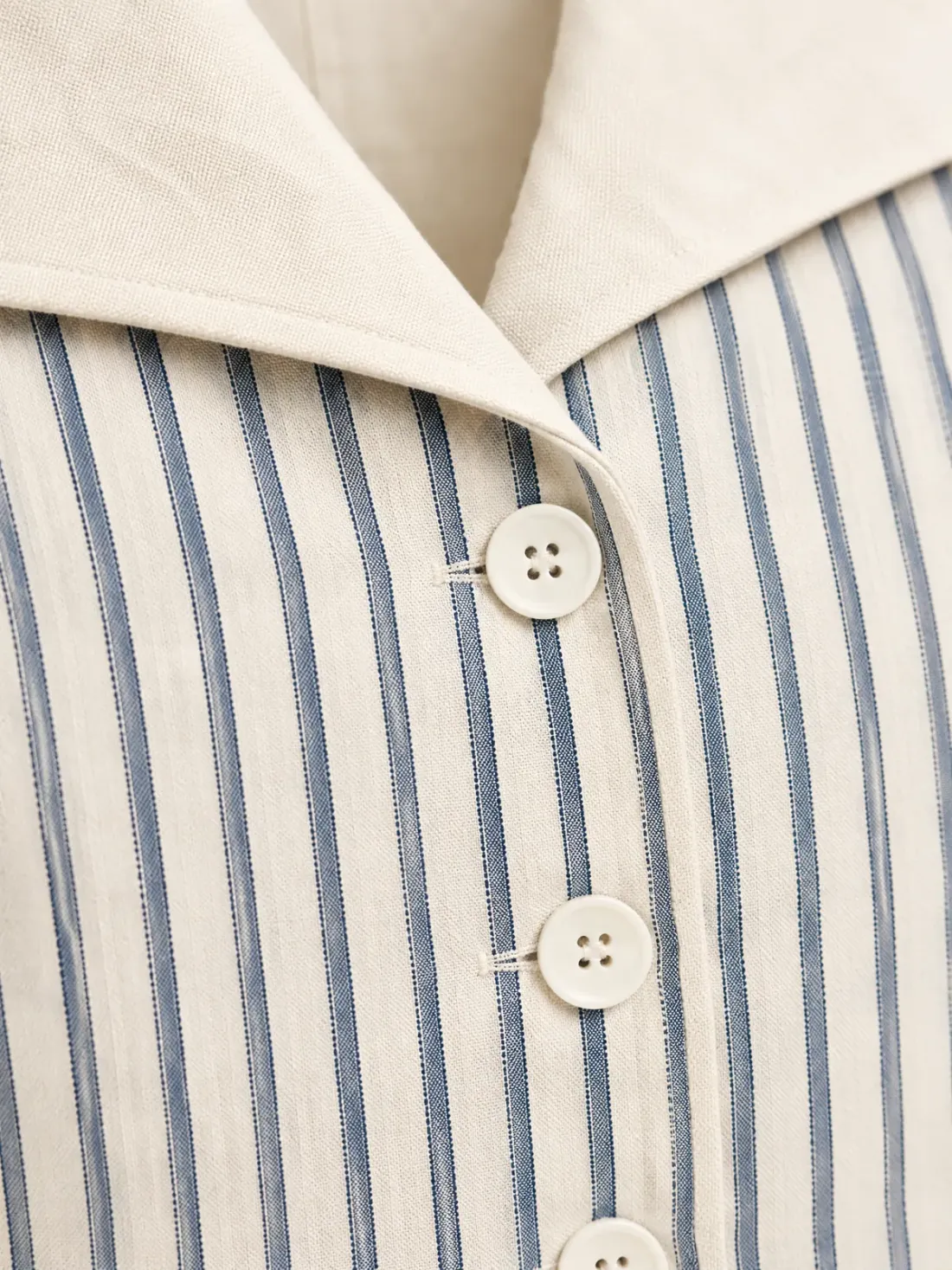 Chalkline Stripe Jacket, close-up of the vertical ticking stripe meeting the solid ecru collar