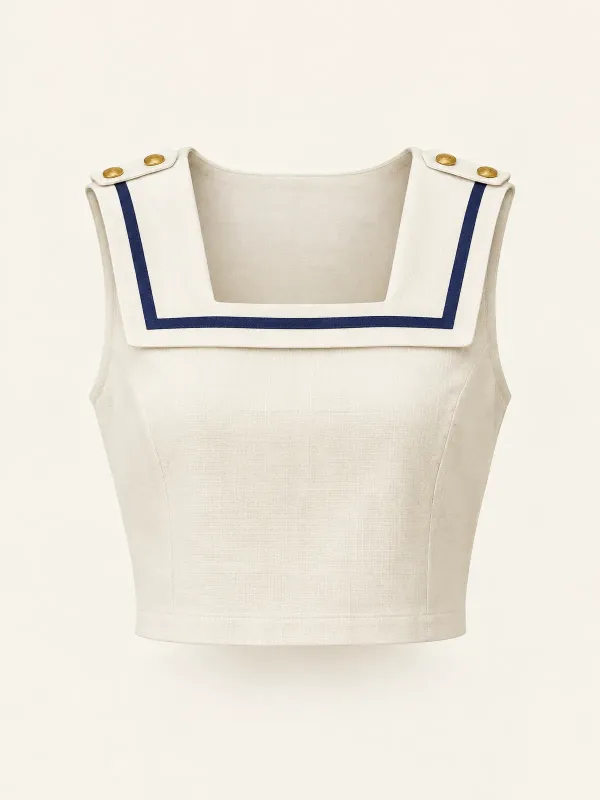 Cleat Button-Shoulder Top in Ecru / Ink, front view