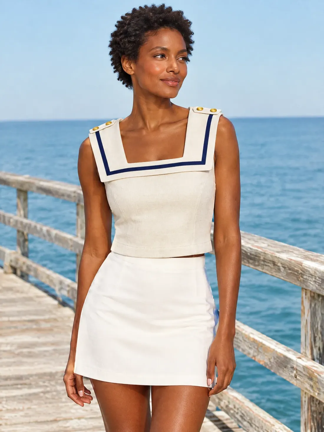 Cleat Button-Shoulder Top in Ecru / Ink, styled on a model