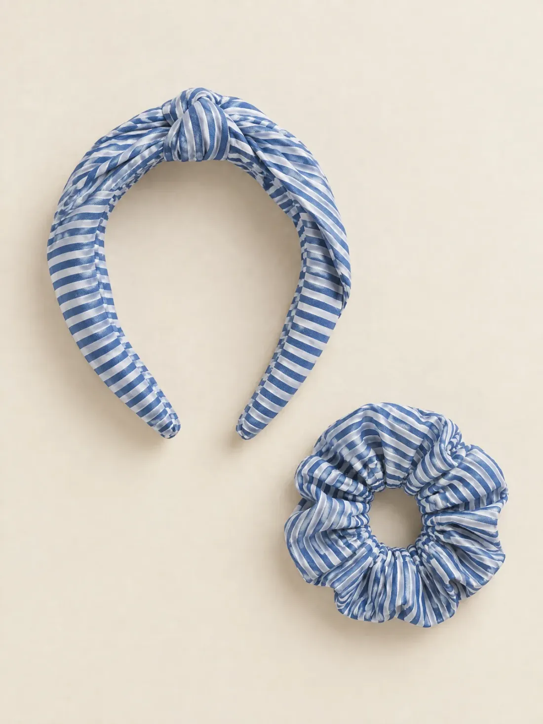 Deck Stripe Headband & Scrunchie Set in Harbour Stripe, shown as worn