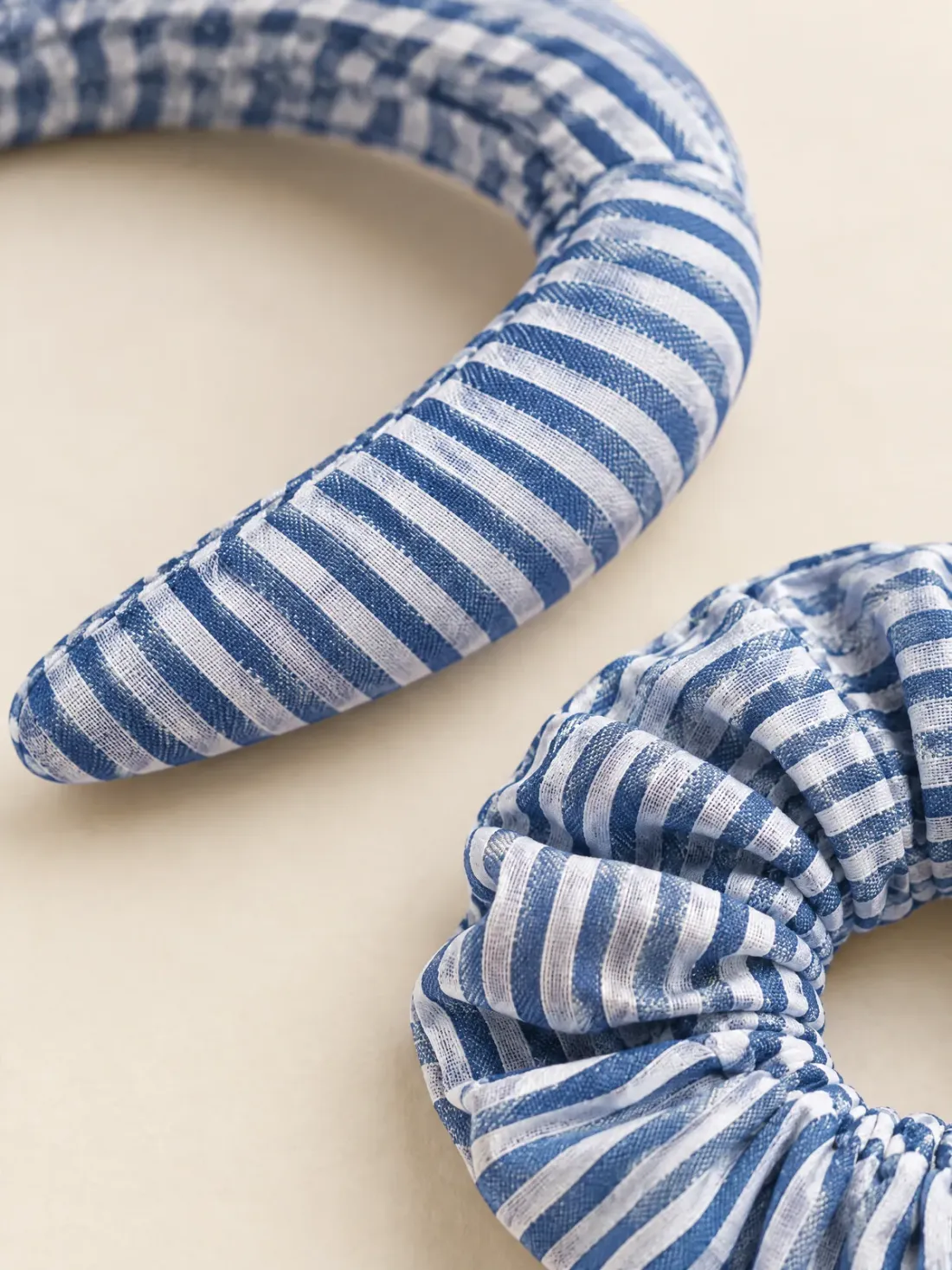 Deck Stripe Headband & Scrunchie Set, close-up of the stripe fabric of the padded headband and the gathered scrunchie