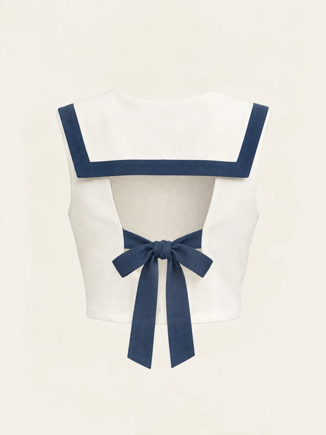 Driftline Back-Tie Collar Top in Chalk / Harbour Blue, back view