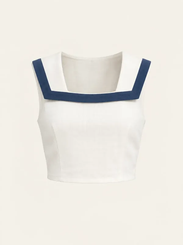 Driftline Back-Tie Collar Top in Chalk / Harbour Blue, front view