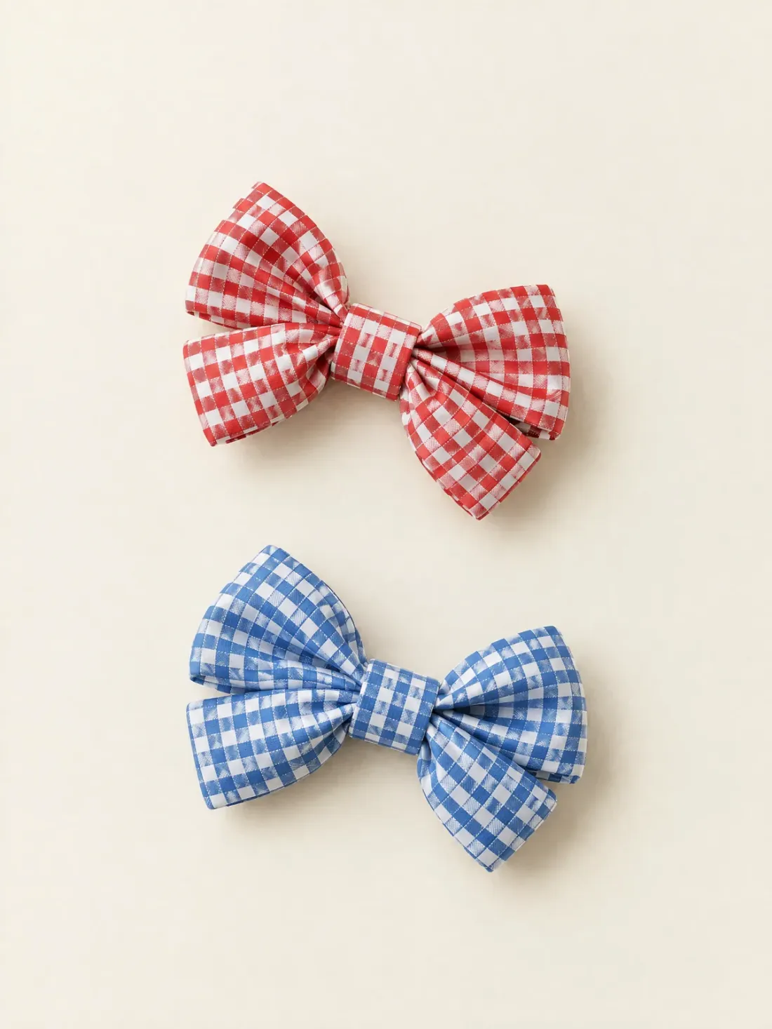 Gingham Bow Clip Set in Red & Blue Gingham, shown as worn