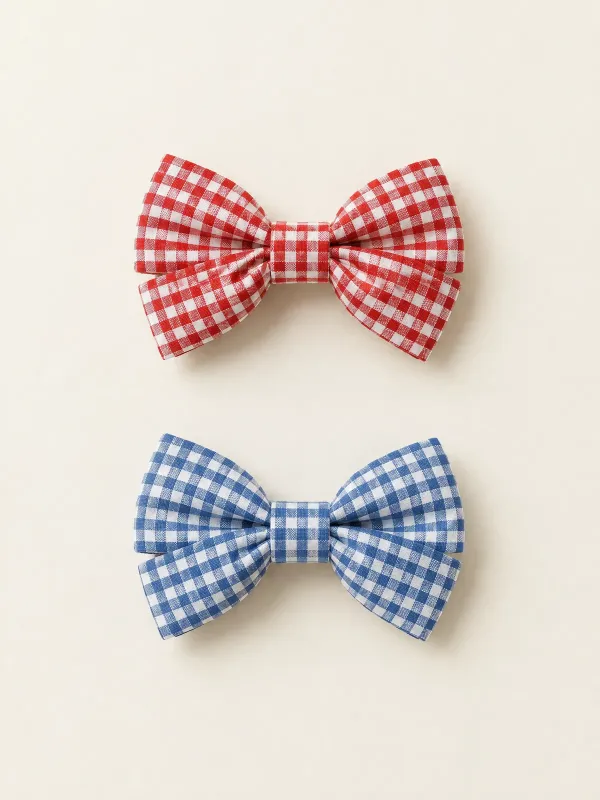 Gingham Bow Clip Set in Red & Blue Gingham, front view
