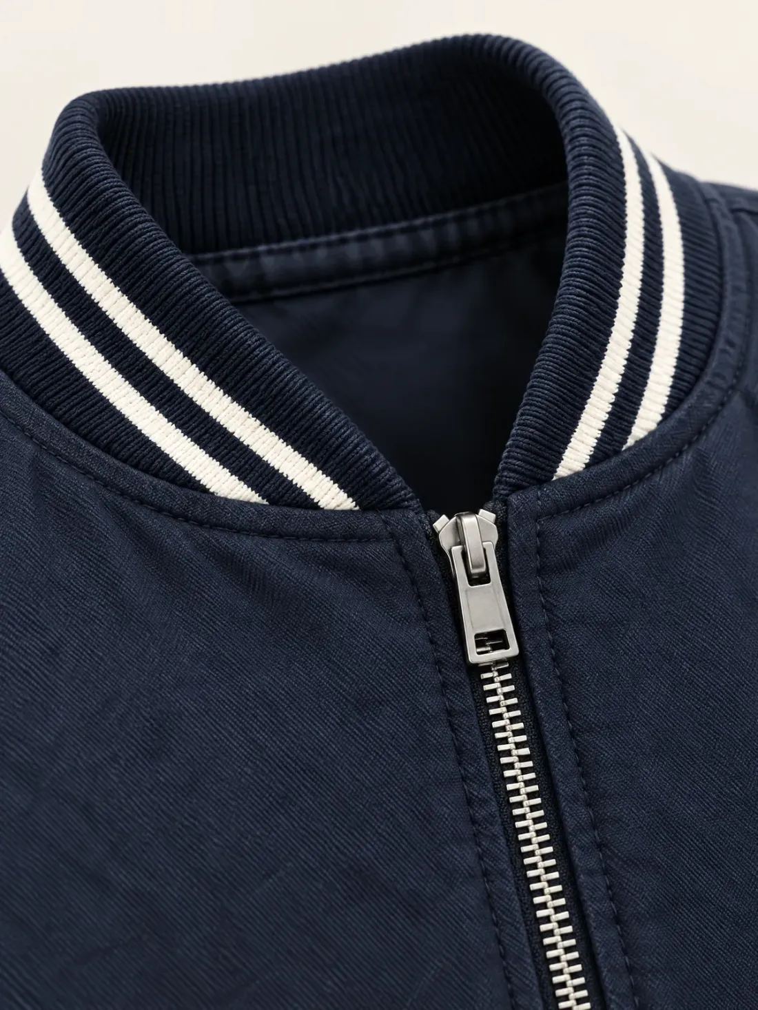 Halyard Cropped Blouson, close-up of the striped ribbed collar and the zip pull