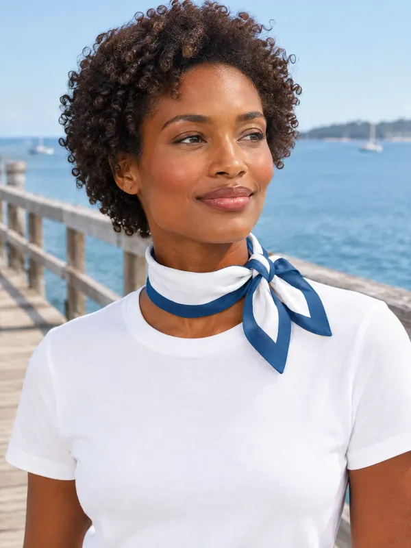 Harbour Bordered Neckerchief in White / Harbour Blue, styled on a model