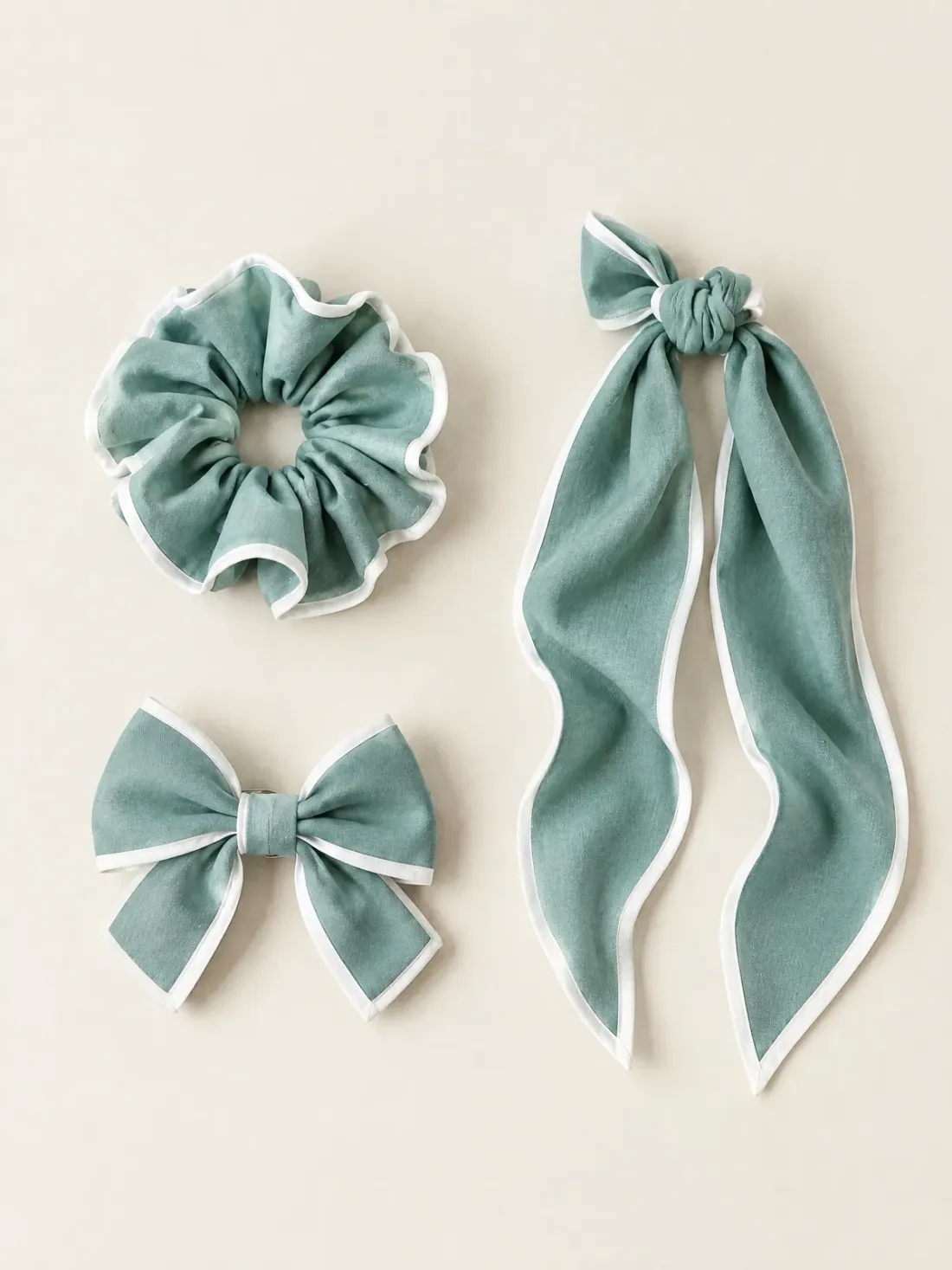 Harbour Hair Set of Three in Sea Glass / White, shown as worn