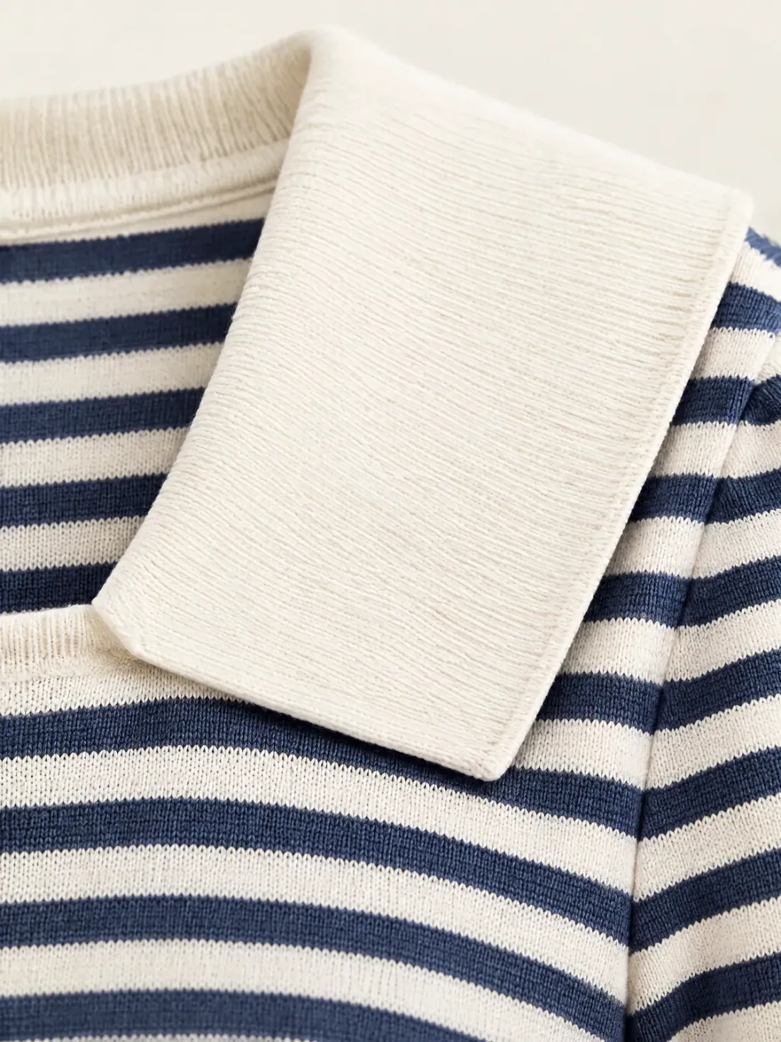 Harbour Stripe Knit Sailor Top, close-up of the knit texture where the solid ecru collar meets the ecru and ink stripes
