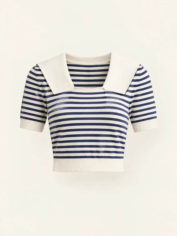 Harbour Stripe Knit Sailor Top in Ecru / Ink Stripe, front view