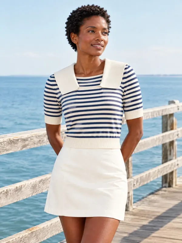 Harbour Stripe Knit Sailor Top in Ecru / Ink Stripe, styled on a model