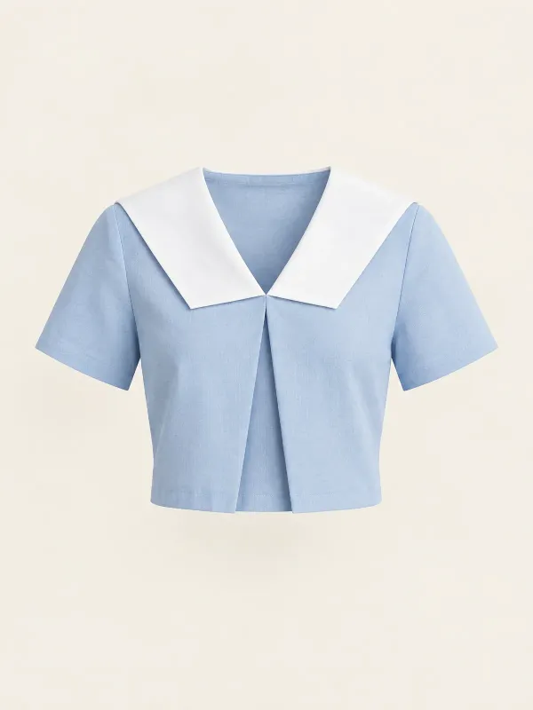 Marina Pleat-Front Sailor Top in Powder Blue / White, front view