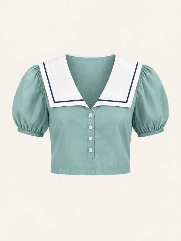 Mistral Puff-Sleeve Sailor Top in Sea Glass / White, front view