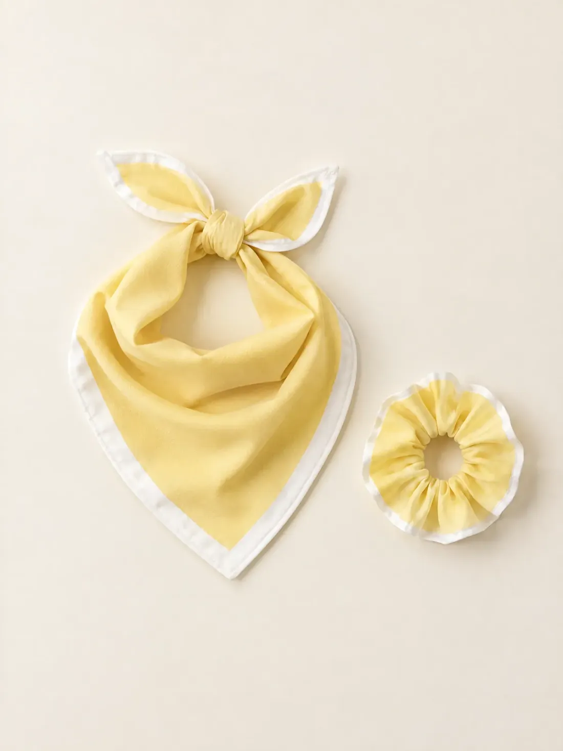Neckerchief & Scrunchie Pair in Butter / White, shown as worn