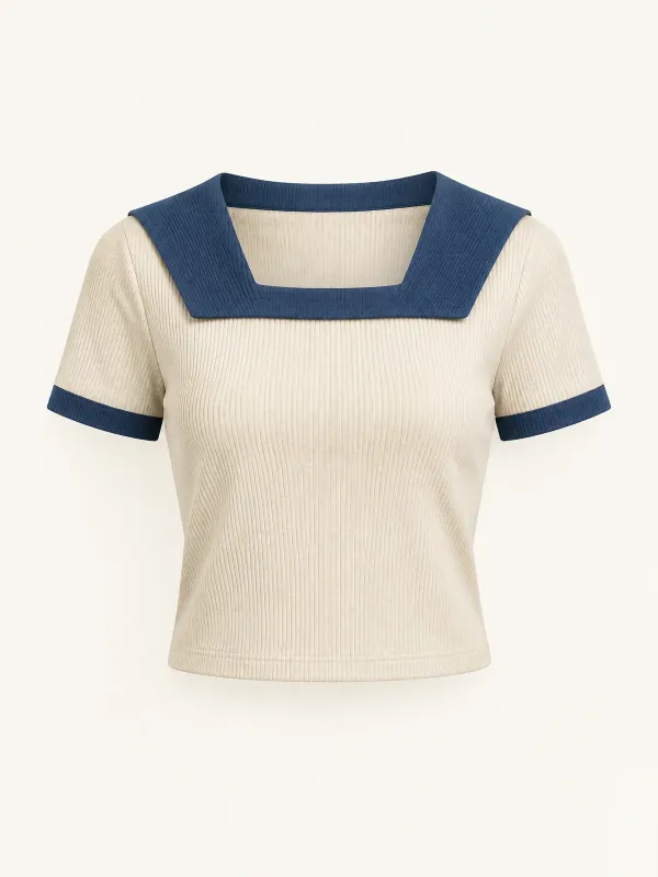 Pier Letter Rib Collar Tee in Oat / Harbour Blue, front view