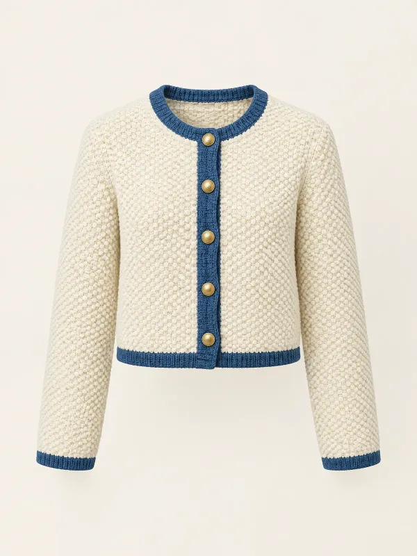 Pierside Knit Jacket in Cream / Harbour Blue, front view