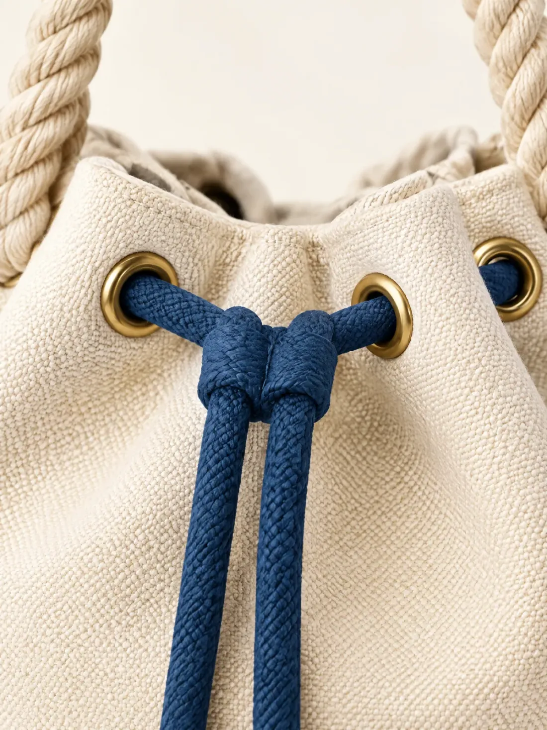 Porthole Mini Bucket Bag, close-up of the gold-tone eyelets and harbour-blue drawstring at the top edge