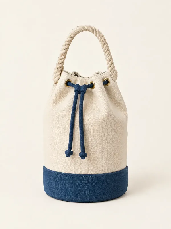 Porthole Mini Bucket Bag in Ecru / Harbour Blue, front view