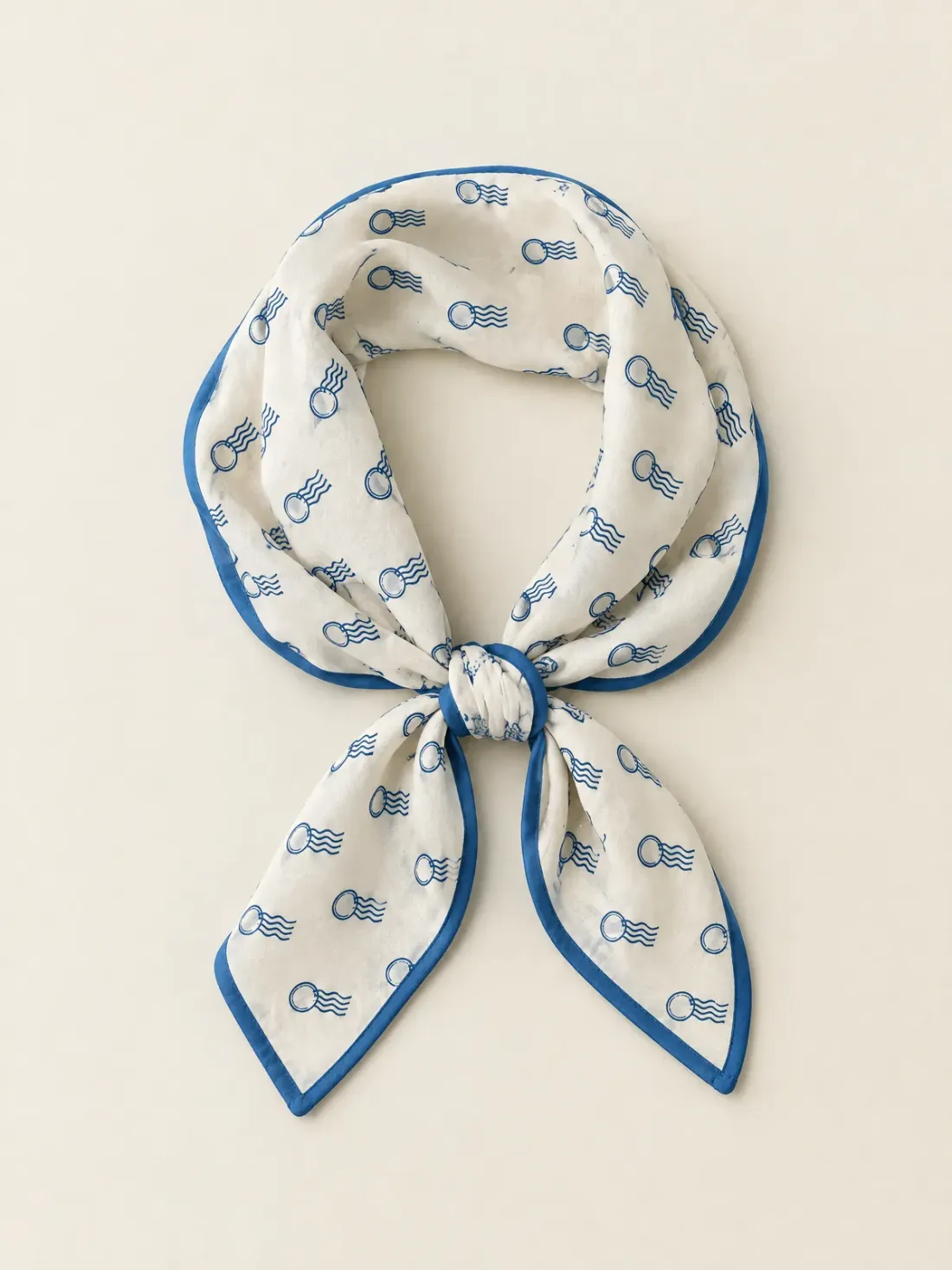 Postmark Print Neckerchief in Cream / Harbour Blue, shown as worn