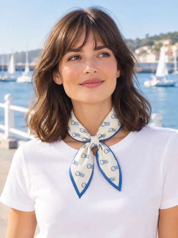 Postmark Print Neckerchief in Cream / Harbour Blue, styled on a model