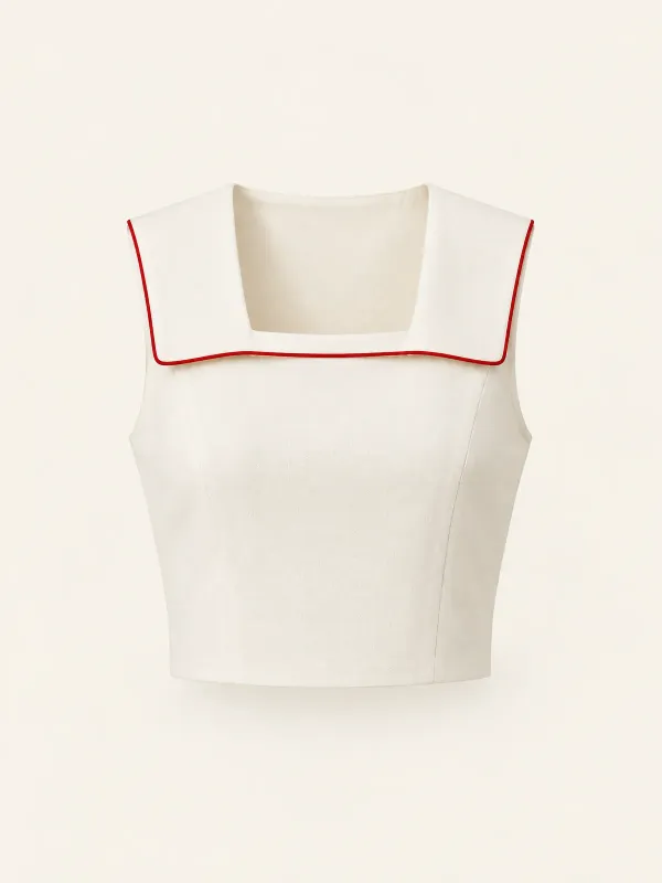 Postmark Sleeveless Collar Top in Ivory / Signal Red, front view