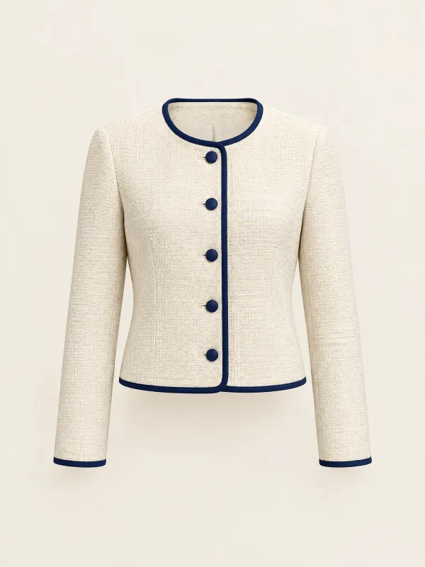Quay Collarless Button Jacket in Ecru / Ink, front view
