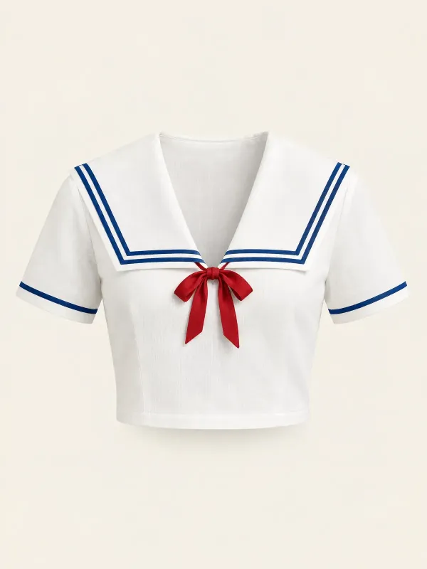 Quayside Sailor-Collar Crop Top in Chalk / Harbour Blue, front view