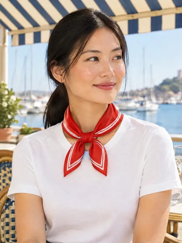 Signal Border Neckerchief in Signal Red / White, styled on a model