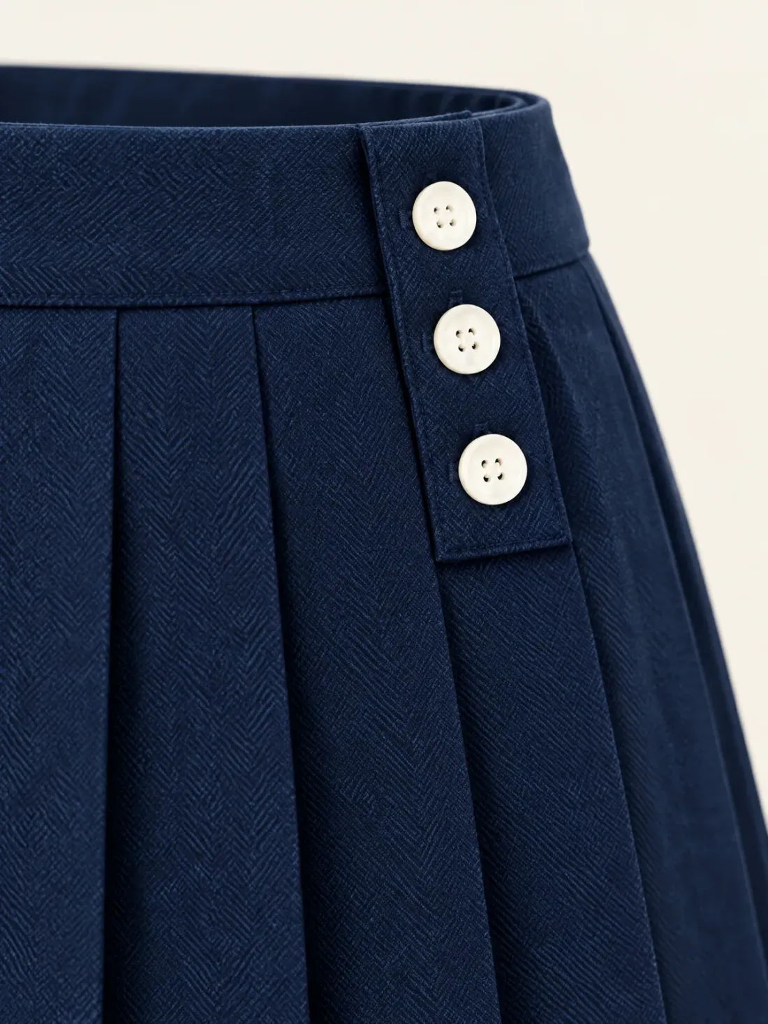 Signal Pleated Button Mini, close-up of the three-button tab at the left hip above the knife pleats