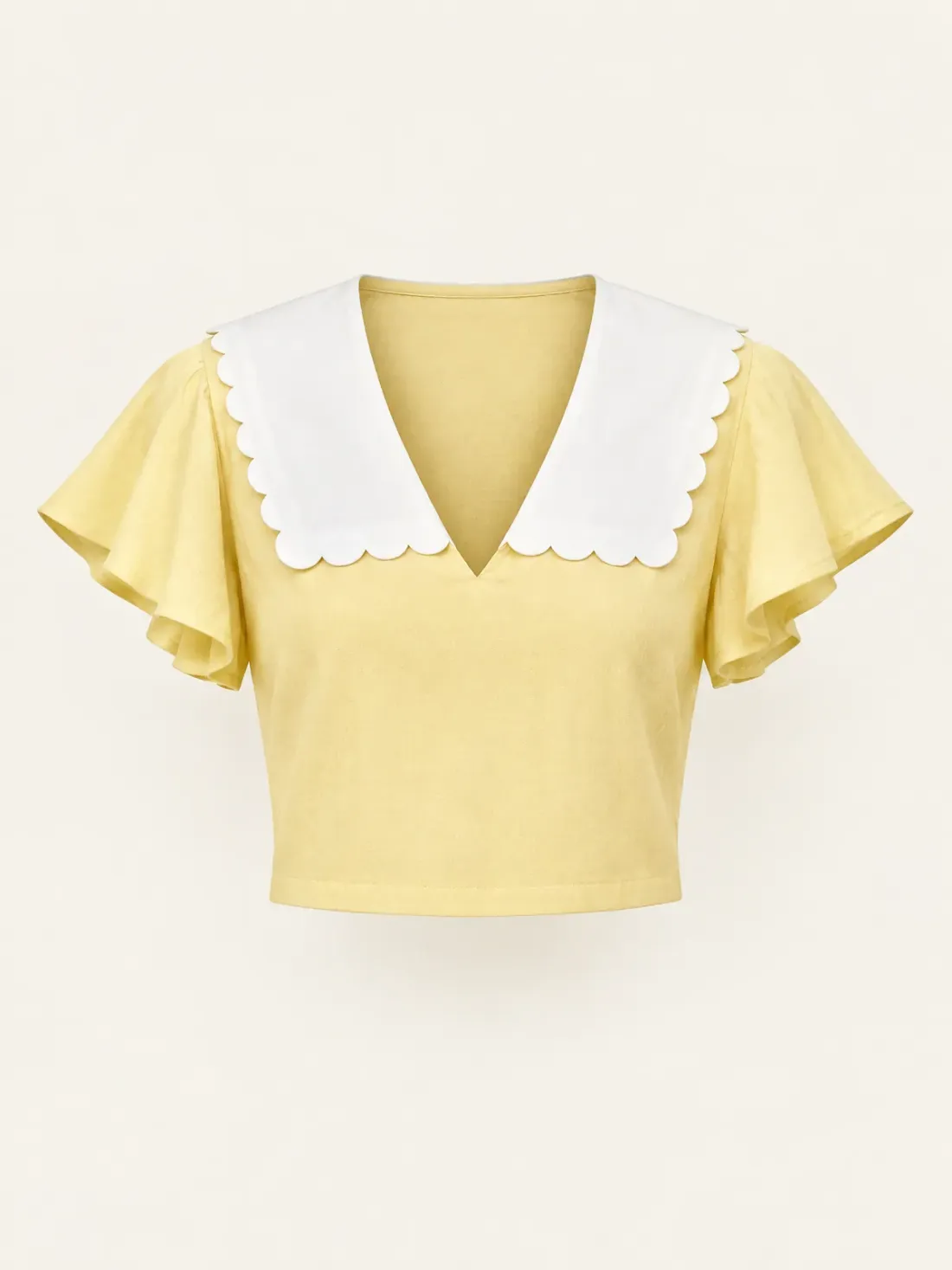 Solent Scallop Collar Top in Butter / White, front view