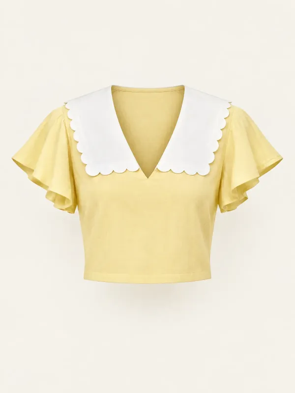 Solent Scallop Collar Top in Butter / White, front view