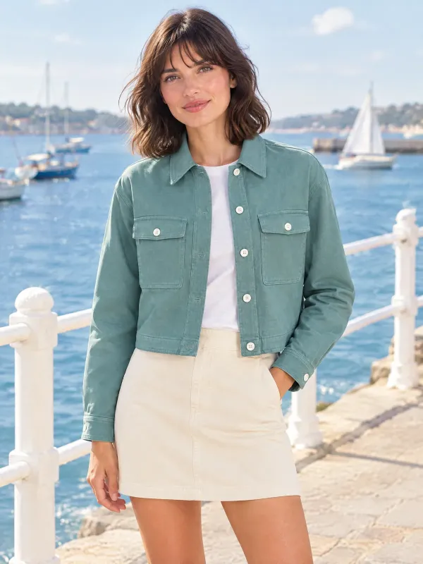Spinnaker Overshirt Jacket in Sea Glass, styled on a model