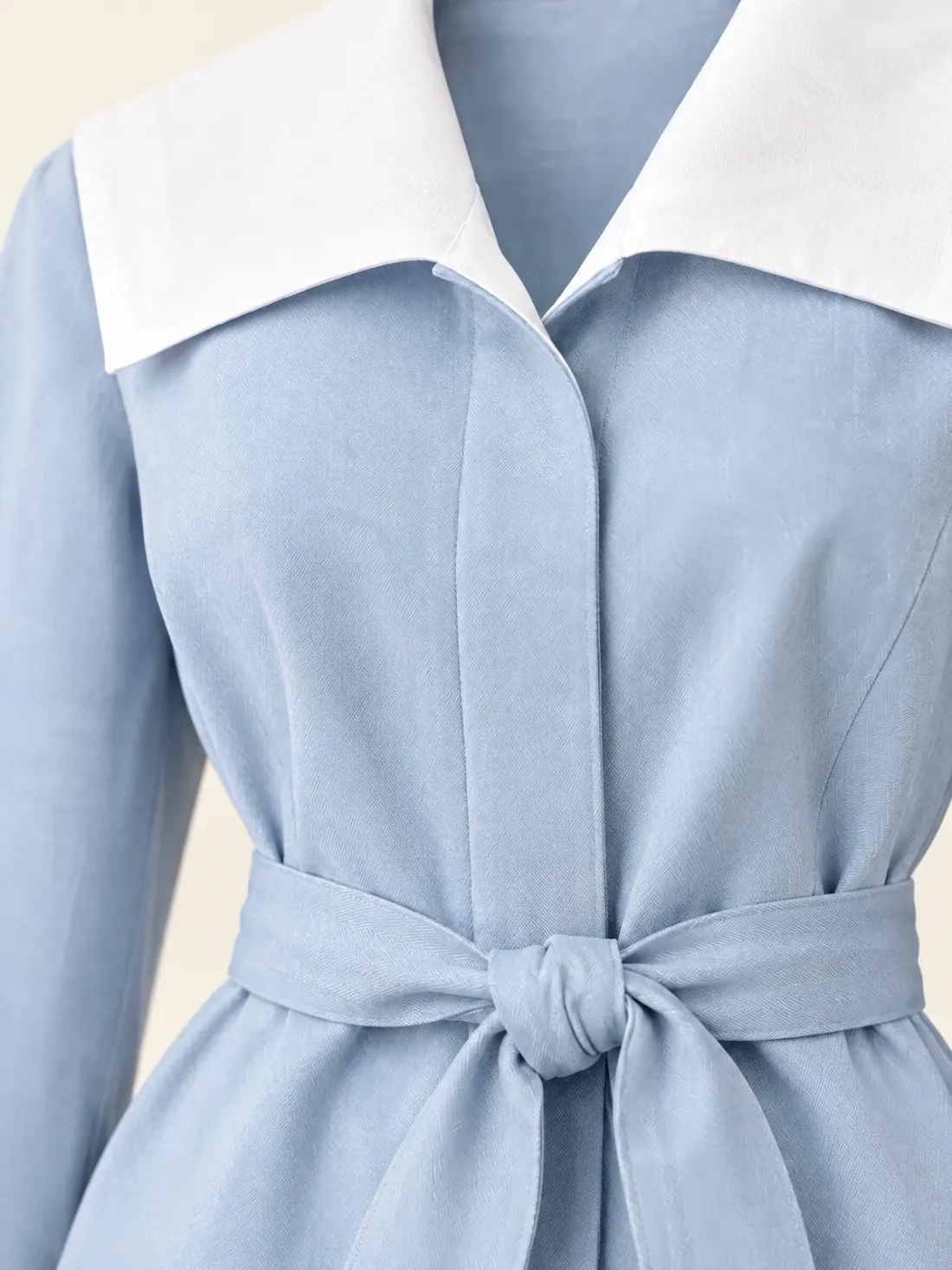 Tideline Tie-Waist Jacket, close-up of the front tie at the waist and the white collar