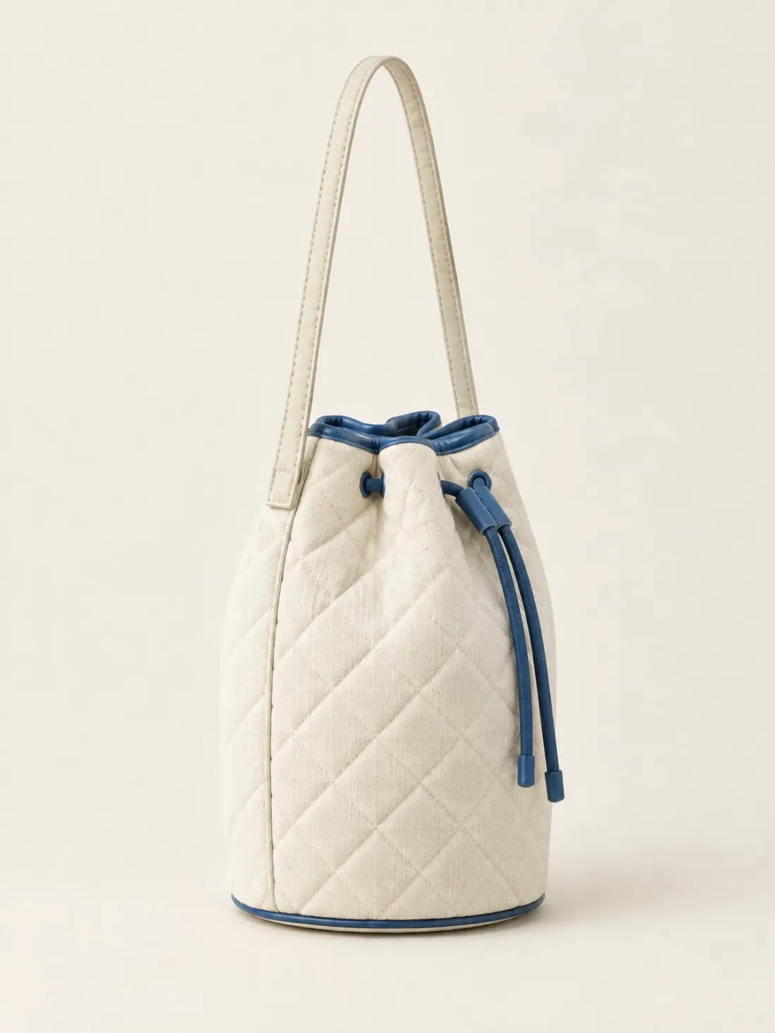 Tidewater Quilted Bucket in Ecru / Harbour Blue, side and back view